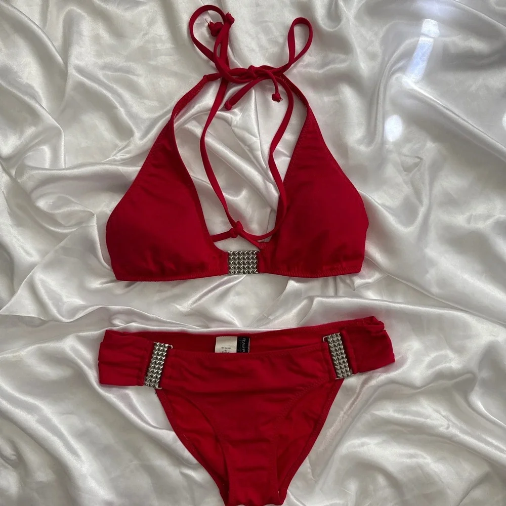 Rampage Red Studded Bikini Set Two Piece Halter Triangle Swimsuit Small